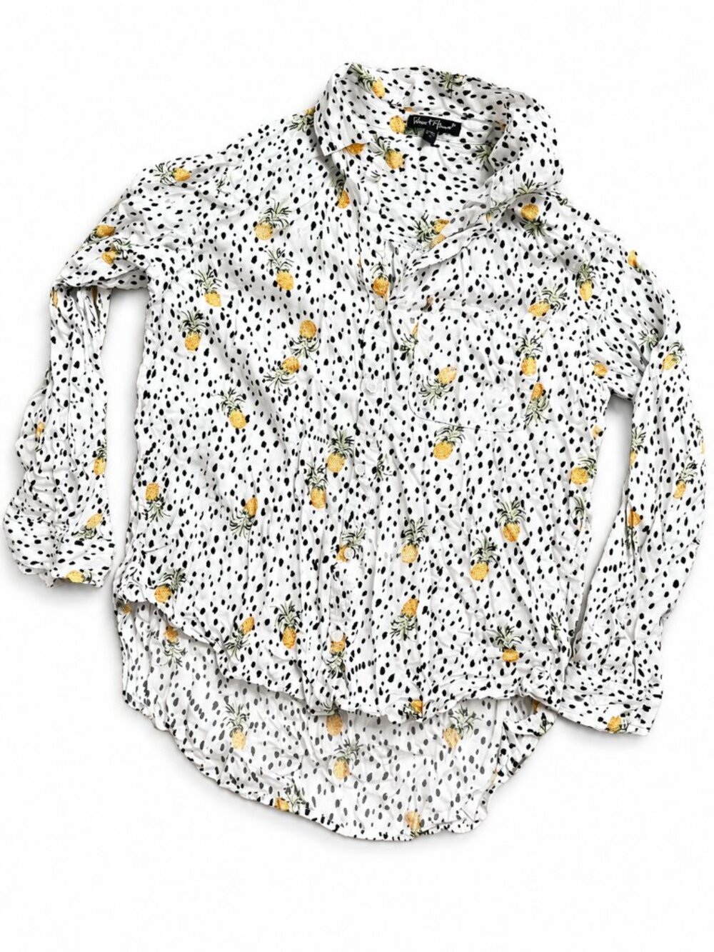 Velvet Heart Pineapple Print Roll Tab Sleeve Button Down Blouse White Large